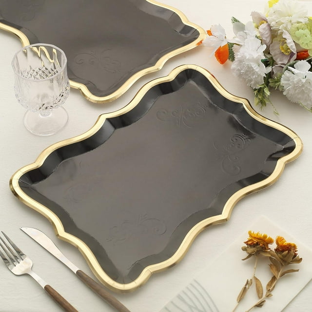 Efavormart 10 Pack Elegant Black / Gold Rim Disposable Serving Trays