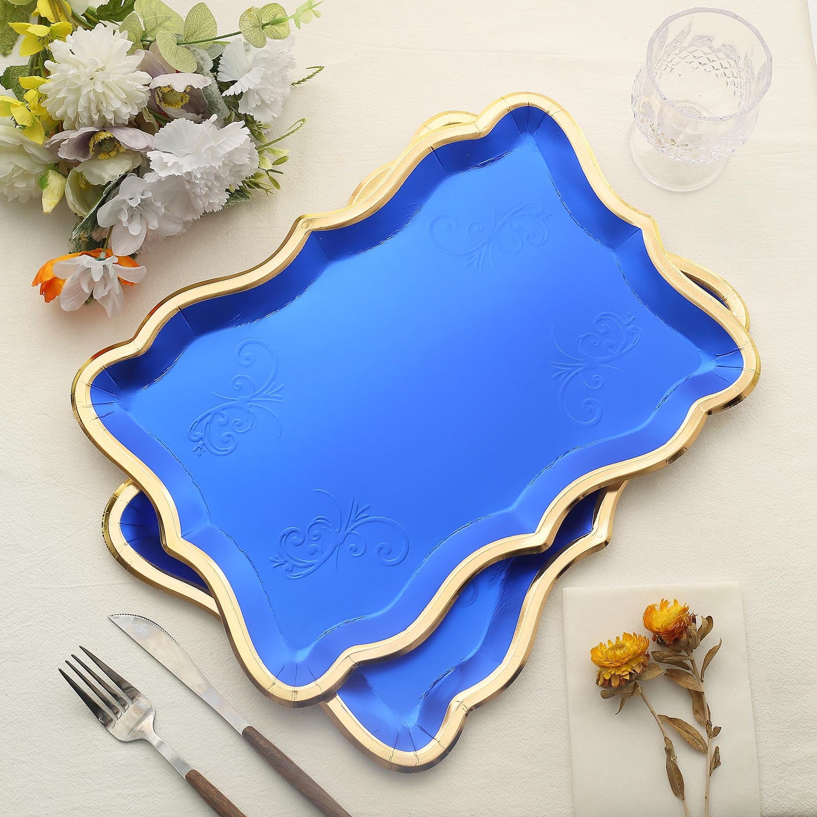 Efavormart 10 Pack Elegant Royal Blue / Gold Rim Disposable Serving
