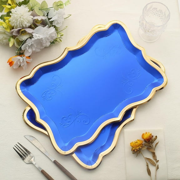 Efavormart 10 Pack | Elegant Royal Blue / Gold Rim Disposable Serving Trays, Heavy Duty 400 GSM Paper Rectangular Party Platters - 14"X10"