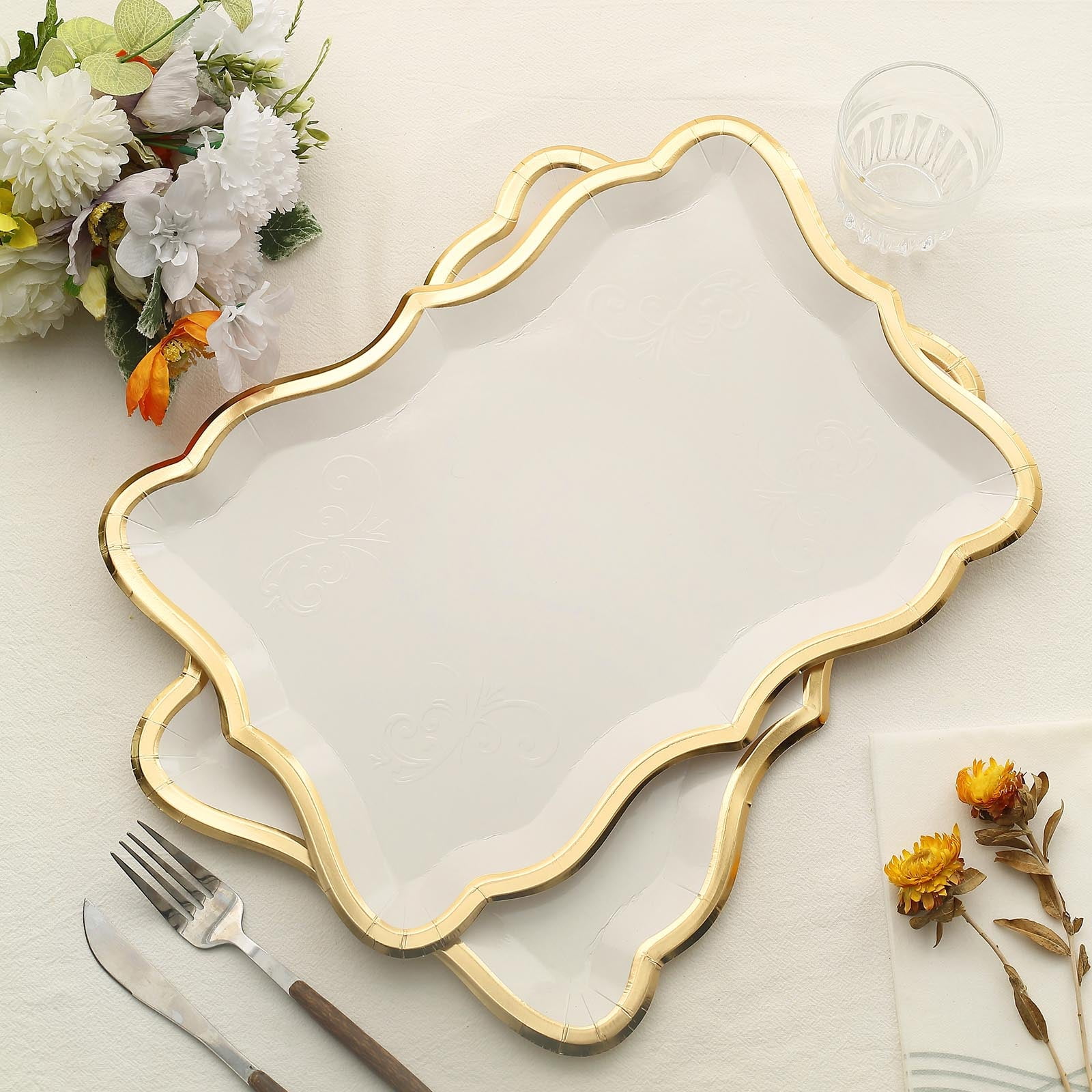 Efavormart 10 Pack Elegant White / Gold Rim Disposable Serving Trays