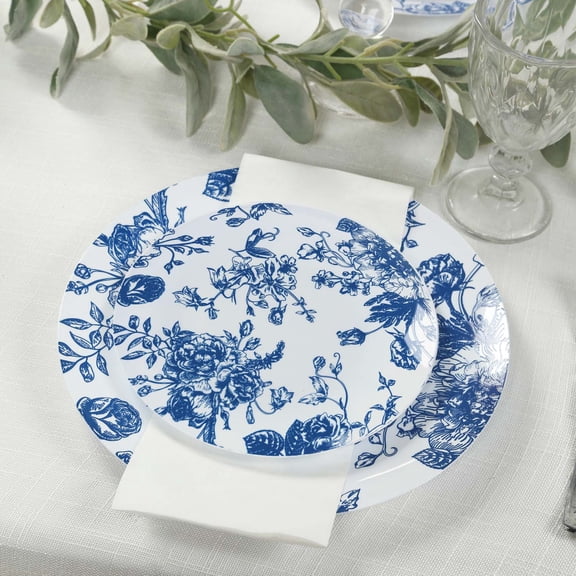Efavormart 10-Pack French Toile Plastic Dessert Plates – Blue & White Floral, 7" Round Disposable Salad Plates
