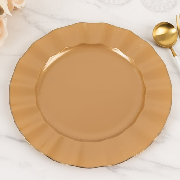 Efavormart 10 Pack | Gold 11" Round Plastic Dinner Plates, Disposable Tableware with Gold Wavy Rim for Wedding, Outdoor Receptions, Banquets, Holiday Dining