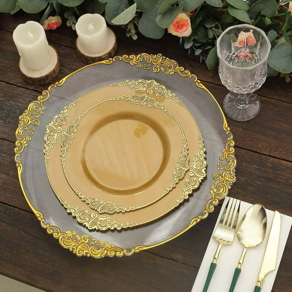 Efavormart 10 Pack | Gold Baroque 8" Round Plastic Dessert Salad Plates, Disposable Tableware with Leaf Embossed Gold Rim