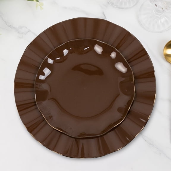 Efavormart 10 Pack Hard Plastic Dessert Plates with Gold Ruffled Rim, Heavy Duty Cinnamon Brown Disposable Salad Appetizer Dinnerware 6"