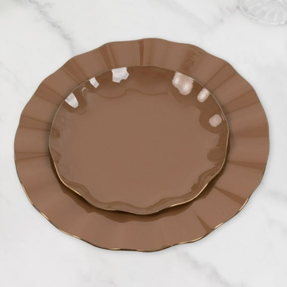 Efavormart 10 Pack Hard Plastic Dessert Plates with Gold Ruffled Rim, Heavy Duty Coffee Brown Disposable Round Dinnerware 6"