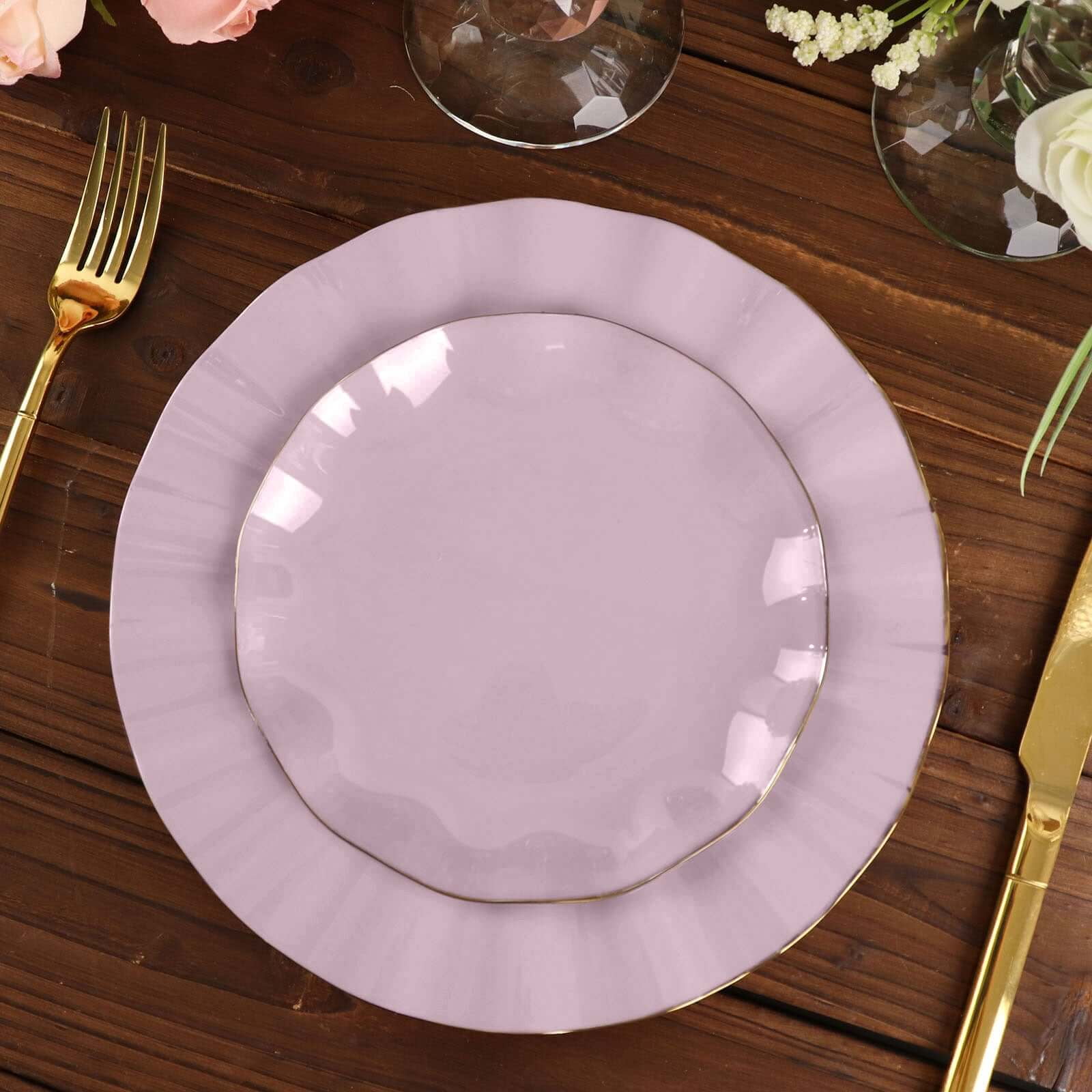 Lavender Lilac 6" Round Plastic Dessert Plates with Gold Ruffled Rim
