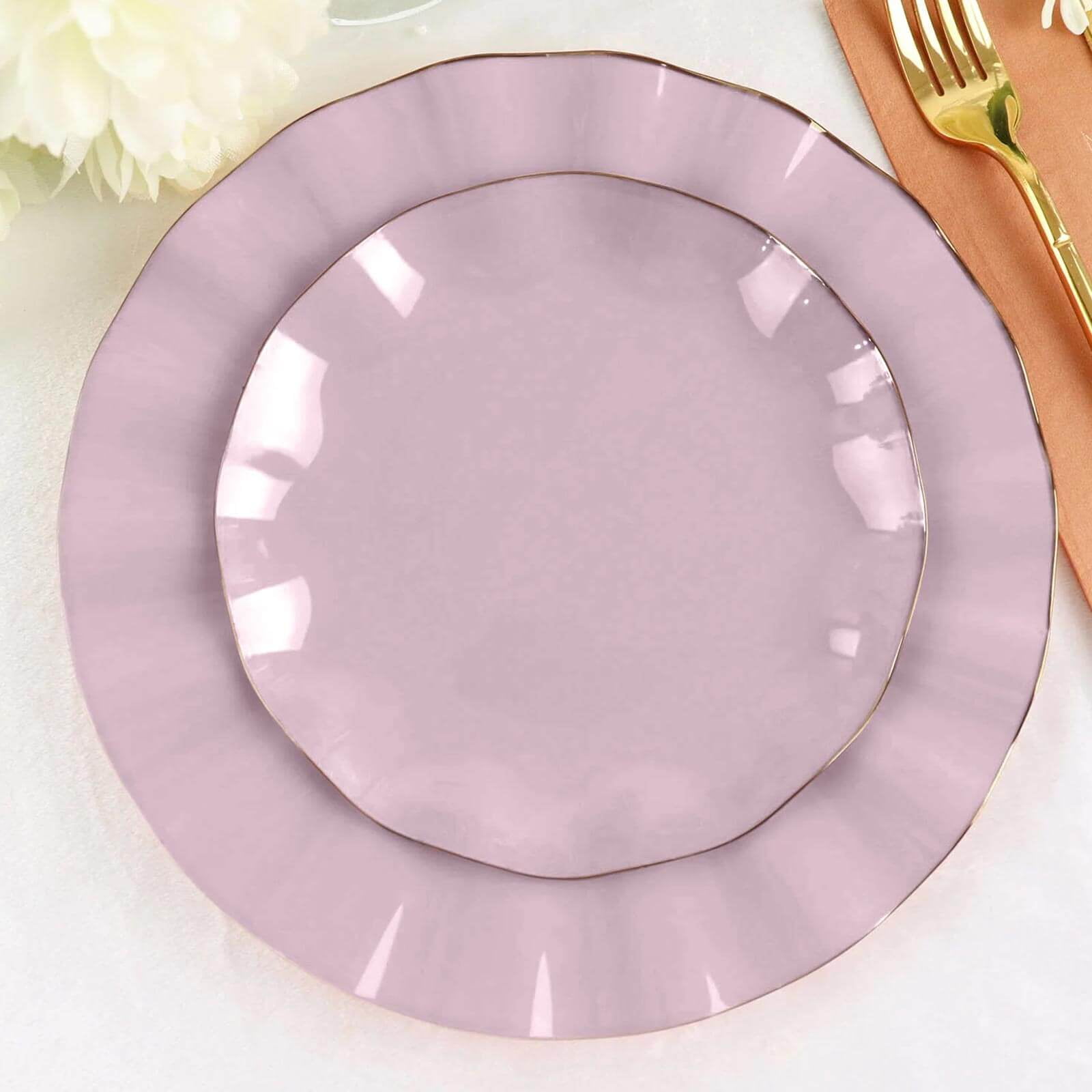 Lavender Lilac 6" Round Plastic Dessert Plates with Gold Ruffled Rim