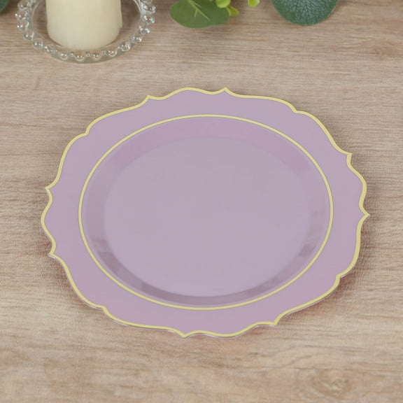Efavormart 10 Pack Lavender Lilac Plastic Dessert Salad Plates, Disposable Tableware Round With Gold Scalloped Rim 8"
