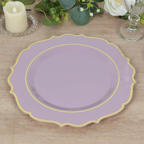 Efavormart 10 Pack Lavender Lilac Plastic Dinner Plates, Disposable Tableware Round With Gold Scalloped Rim 10"