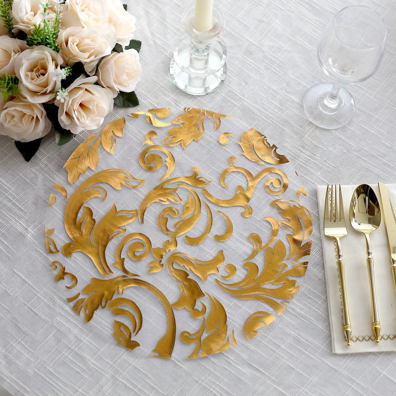 Efavormart 10 Pack Metallic Gold Sheer Organza Round Placemats with Swirl Foil Floral Design, 13 ...