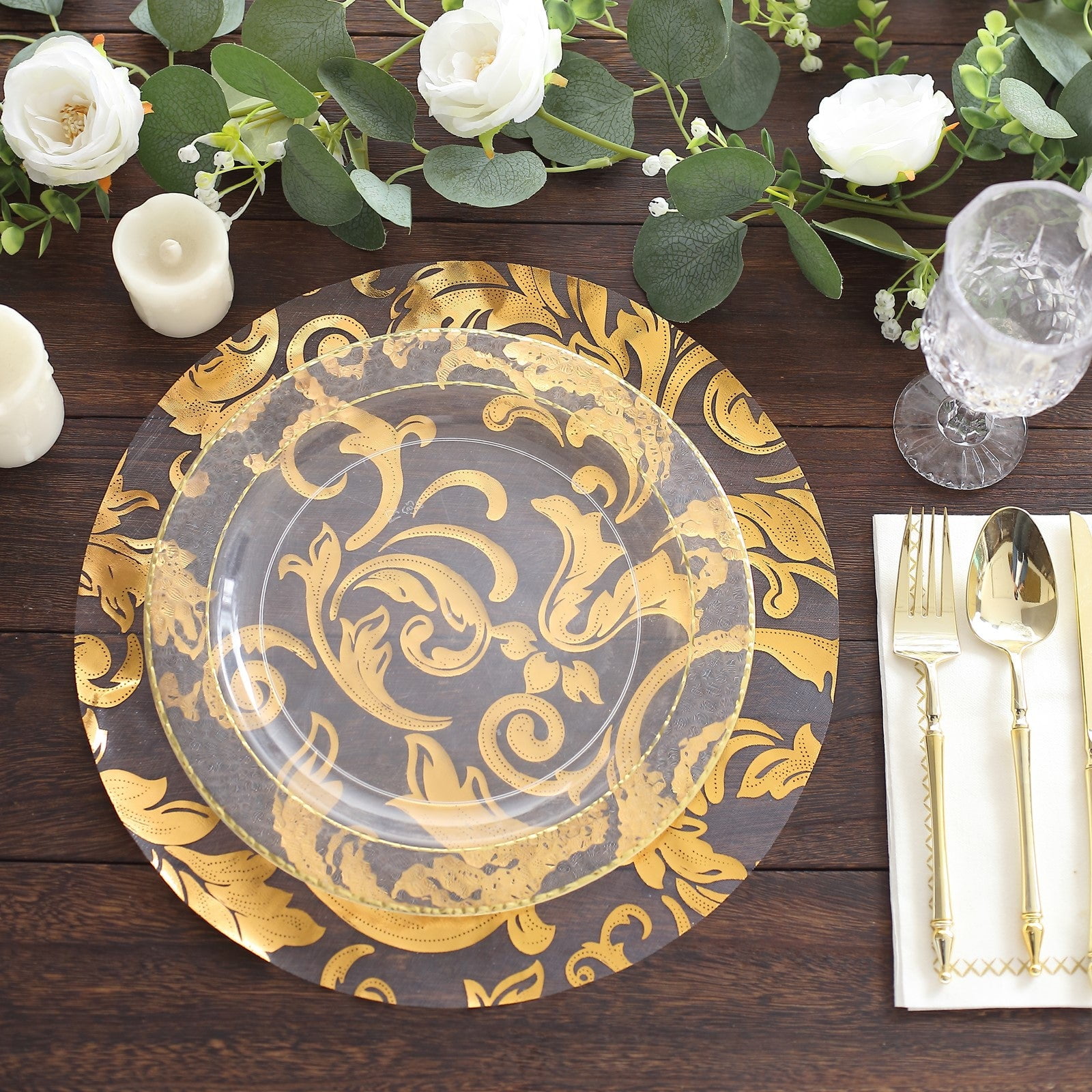 Efavormart 10 Pack Metallic Gold Sheer Organza Round Placemats with Swirl Foil Floral Design, 13 ...