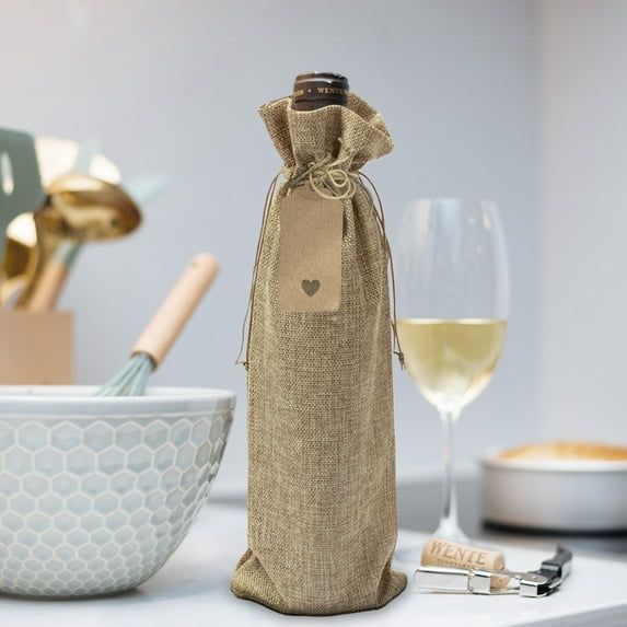 Efavormart 10 Pack | Natural Faux Burlap 6"x14" Reusable Wine Gift Favor Bags Party, Wedding Wine Bottle Covers With Drawstring, Tags & Jute Rope
