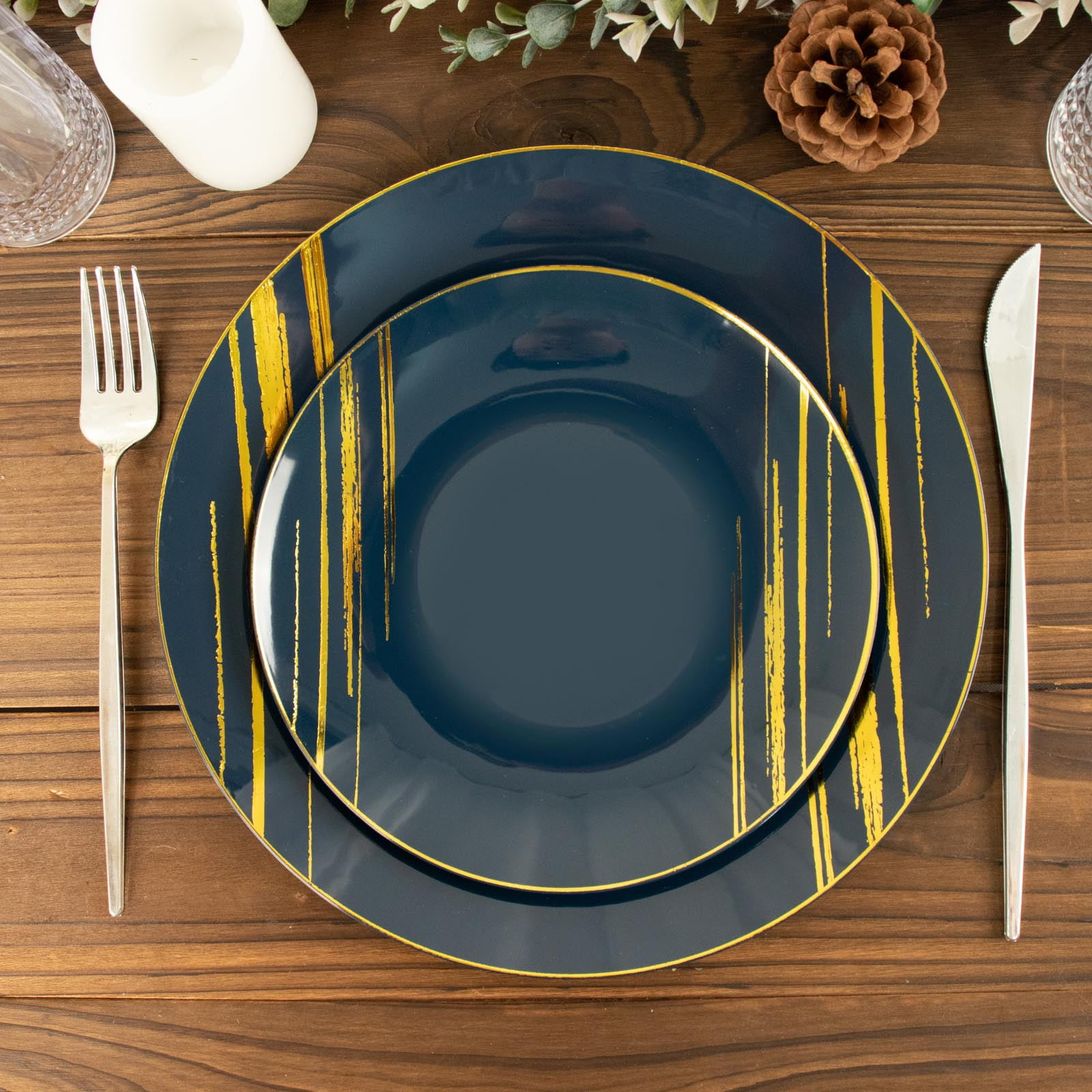 Efavormart 10 Pack | Navy Blue And Gold Brush Stroked 7" Round Plastic ...