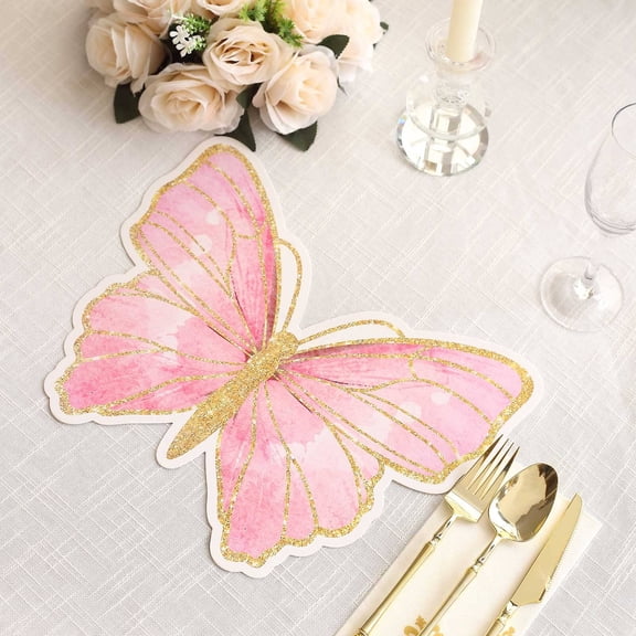 Efavormart 10 Pack Pink Gold Glitter Butterfly Cardboard Paper Placemats, 14" Disposable Table Mats - 400GSM