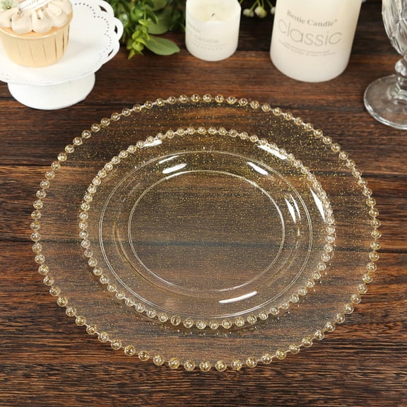 Efavormart 10 Pack Plastic Dessert Appetizer Plates in Clear Gold Glittered with Beaded Rim, Disposable Round Salad Party Plates 8"
