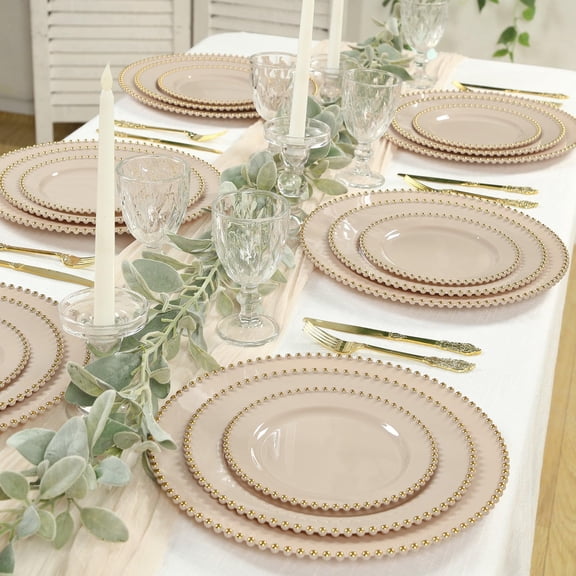 Efavormart 10 Pack Plastic Dessert Appetizer Plates in Taupe with Gold Beaded Rim, Disposable Round Salad Party Plates 8"