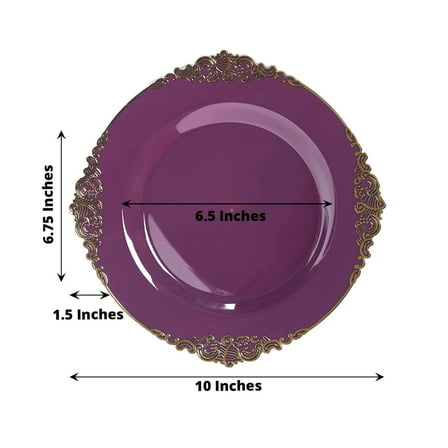 Efavormart 10-Pack Plastic Round Dessert Plates 10" Purple with Gold Leaf Embossed Rim - Vintage Baroque Style Disposable Salad Plates