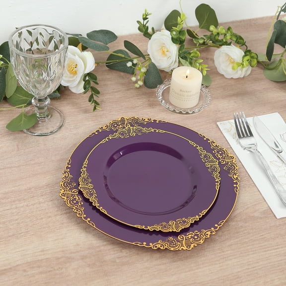 Efavormart 10-Pack Plastic Round Dessert Plates 8" Purple with Gold Leaf Embossed Rim - Vintage Baroque Style Disposable Salad Plates