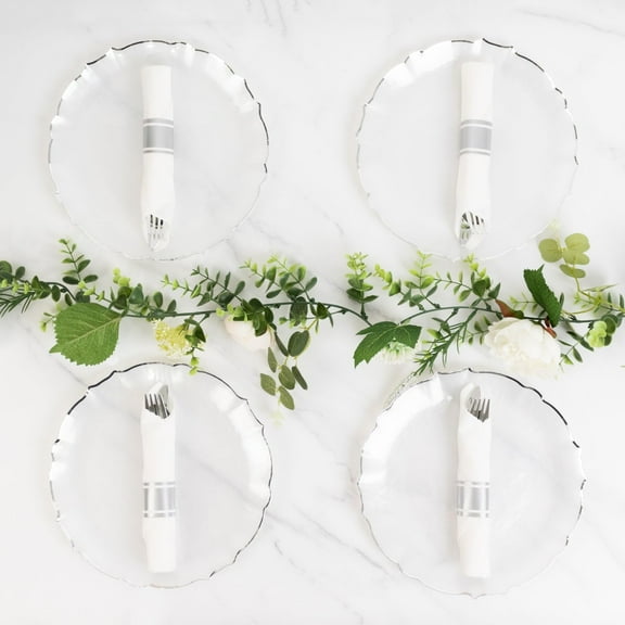 Efavormart 10-Pack Plastic Round Dinner Plates 10" Pearl White Sunflower with Silver Scalloped Rim - Disposable Party Plates for Sophisticated Events & Celebrations