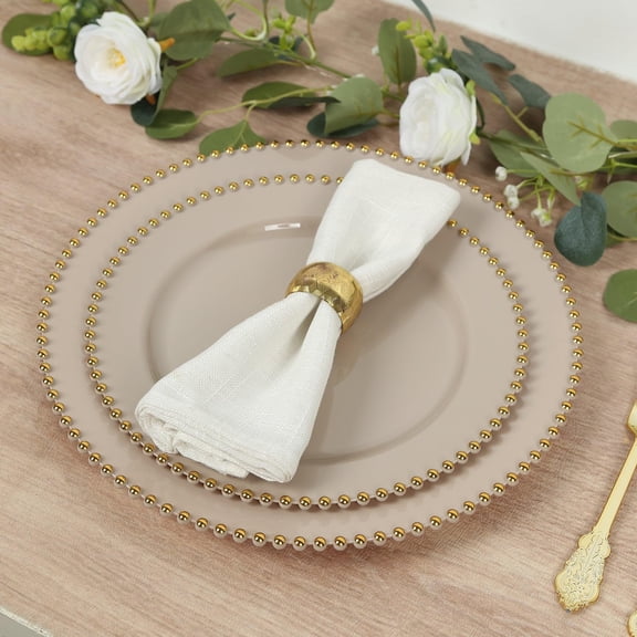 Efavormart 10-Pack Plastic Round Dinner Plates 10" Taupe with Gold Beaded Rim - Disposable Party Plates for Stylish Gatherings & Celebrations