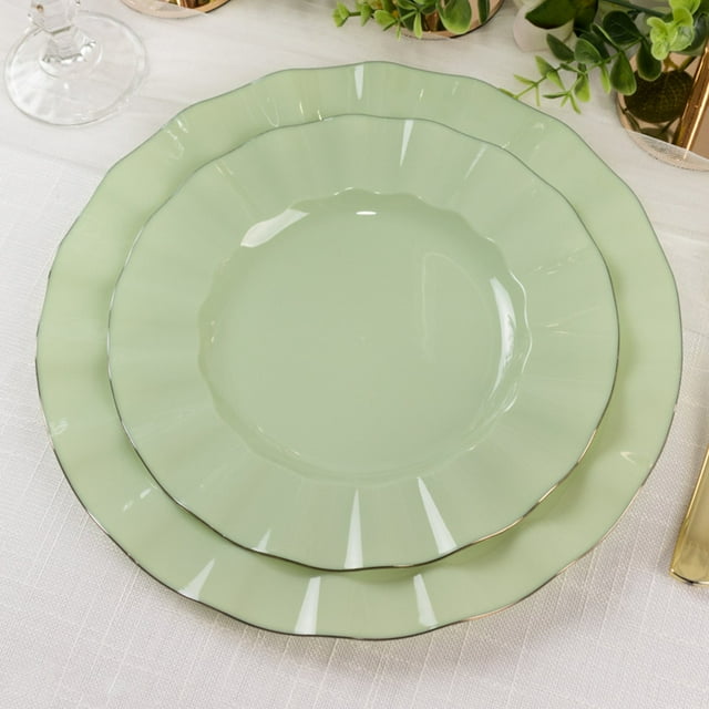 Efavormart 10 Pack | Sage Green 9" Round Plastic Dessert Salad Plates, Disposable Appetizer Plates with Gold Wavy Rim for Wedding, Outdoor Receptions, Banquets, Holiday Dining