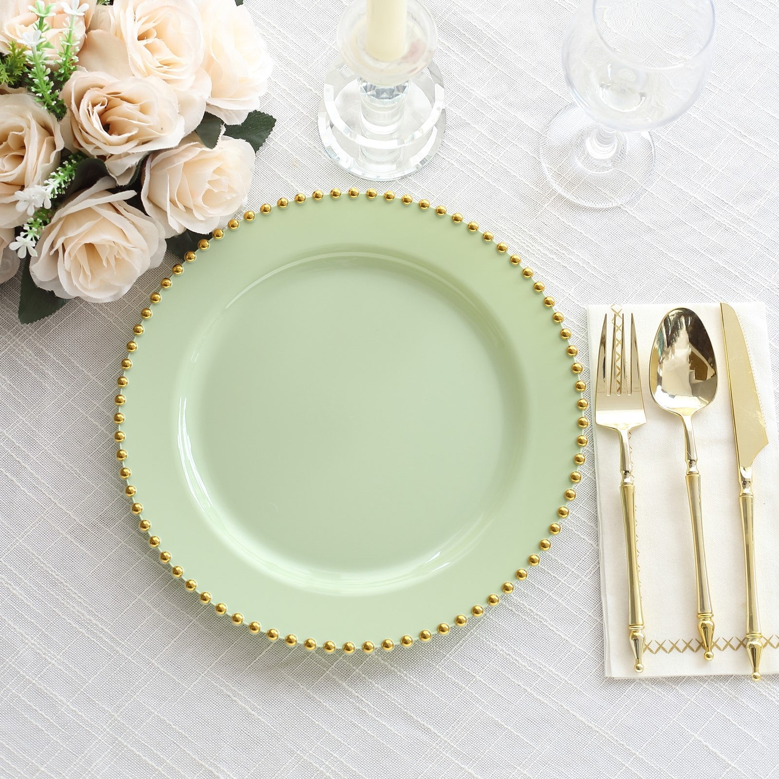 Efavormart 10 Pack Sage Green Plastic Dinner Plates with Gold Beaded Rim, Round Disposable Party ...