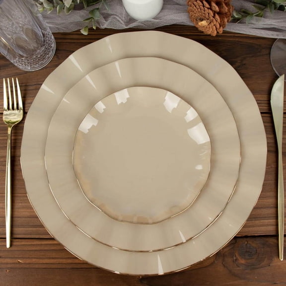 Efavormart 10 Pack | Taupe 6" Round Plastic Dessert Salad Plates, Disposable Appetizer Plates with Gold Wavy Rim for Wedding, Outdoor Receptions, Banquets, Holiday Dining