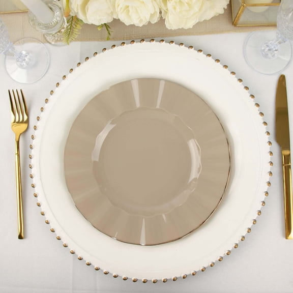 Efavormart 9" Salad Plates – Set of 10 Plastic Taupe Round Disposable Plates with Gold Ruffled Rim – Elegant Appetizer & Dessert Plates for Weddings, Parties, Catering, and Formal Events