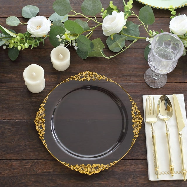 Efavormart 10 Pack Transparent Black Plastic Dinner Plates with Gold ...