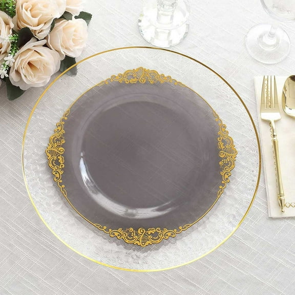 Efavormart 10 Pack Transparent Black Plastic Dinner Plates with Gold Leaf Embossed Baroque Rim, Round Disposable Party Plates - 10"