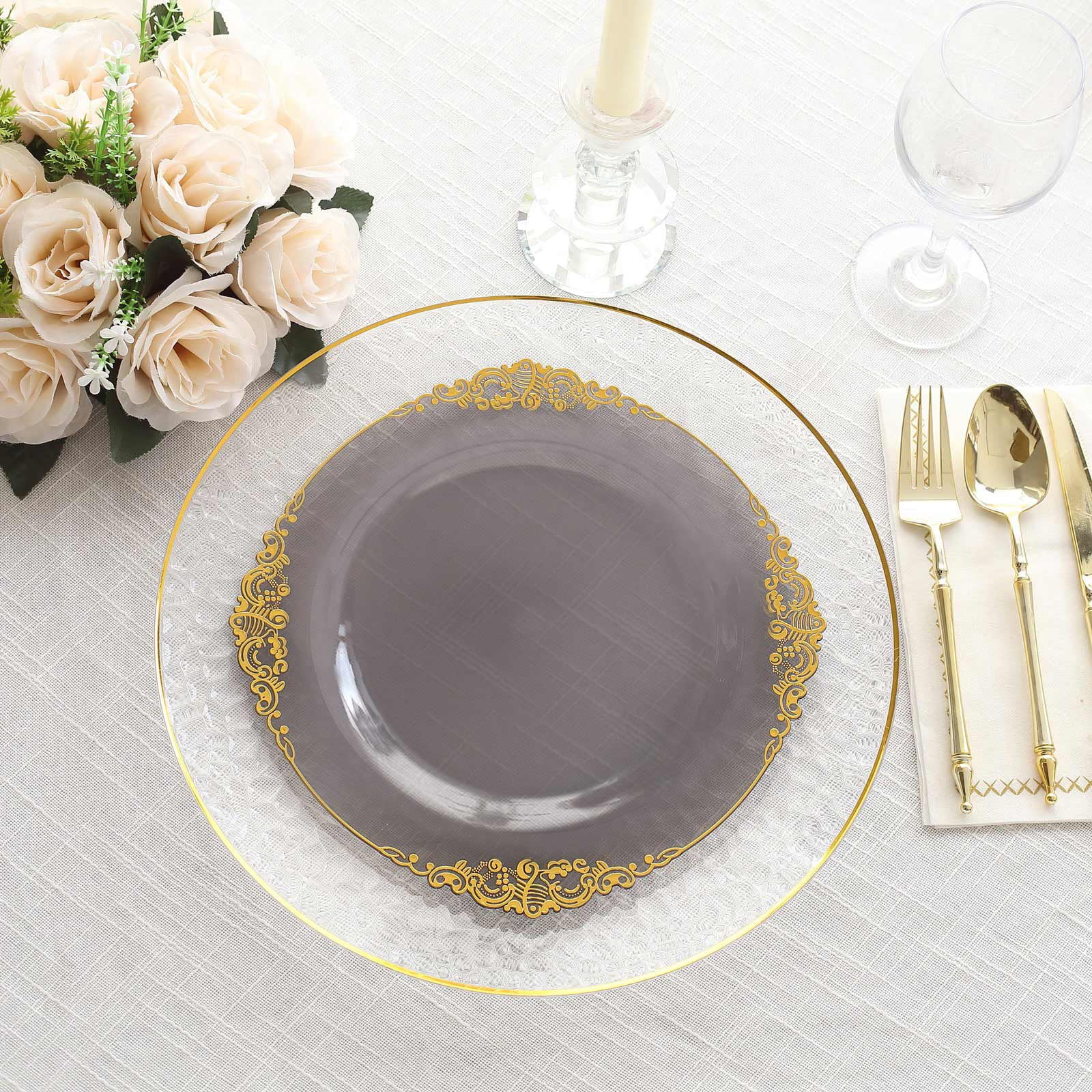 Efavormart 10 Pack Transparent Black Plastic Dinner Plates with Gold ...