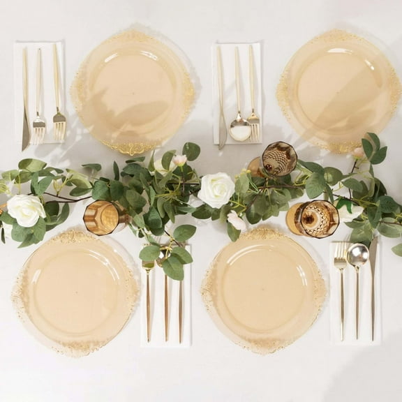 Efavormart 10 Pack | Vintage Transparent Gold Baroque 10" Round Plastic Dinner Plates, Disposable Tableware with Leaf Embossed Gold Rim