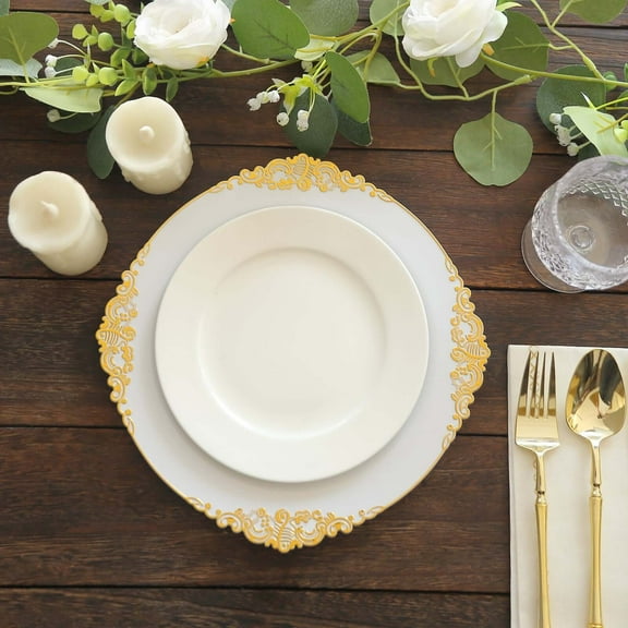 Efavormart 10 Pack | White/Gold Baroque 10" Round Plastic Dinner Plates, Disposable Tableware with Leaf Embossed Gold Rim