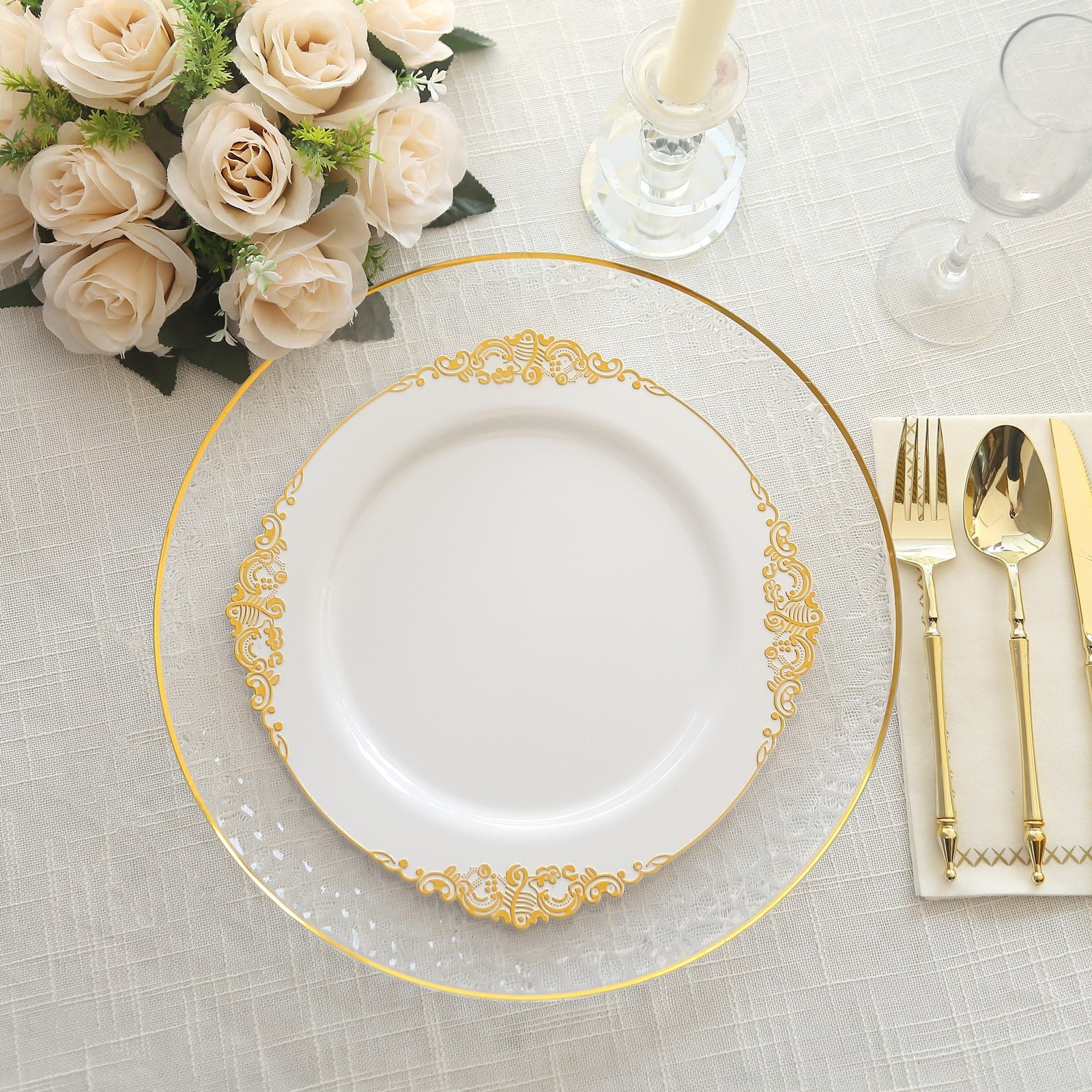 Efavormart 10 Pack | White/Gold Baroque 10" Round Plastic Dinner Plates ...