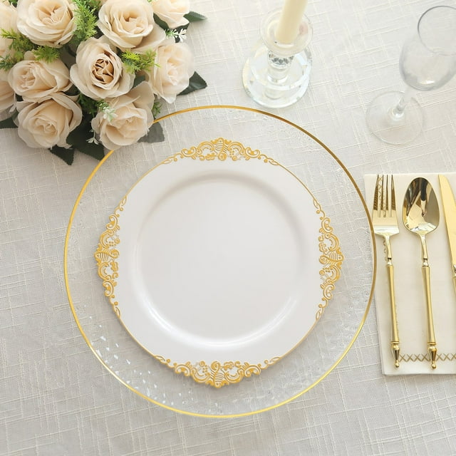 Efavormart 10 Pack | White/Gold Baroque 10" Round Plastic Dinner Plates ...