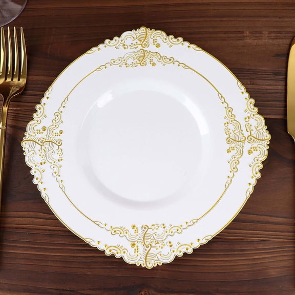 Efavormart 10 Pack | White/Gold Baroque 8" Round Plastic Dessert Salad Plates, Disposable Tableware with Leaf Embossed Gold Rim