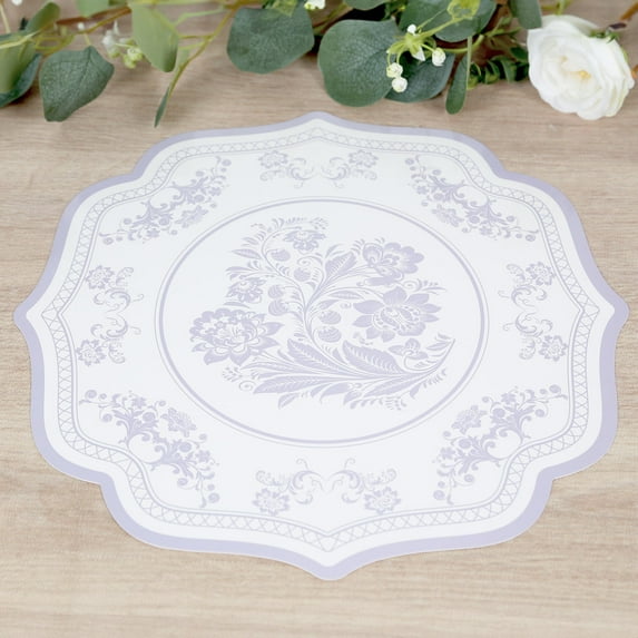Efavormart 10 Pack White Lavender Cardboard Paper Placemats with French Toile Pattern, 13" Lilac Round Disposable Table Mats with Scalloped Rim - 400 GSM