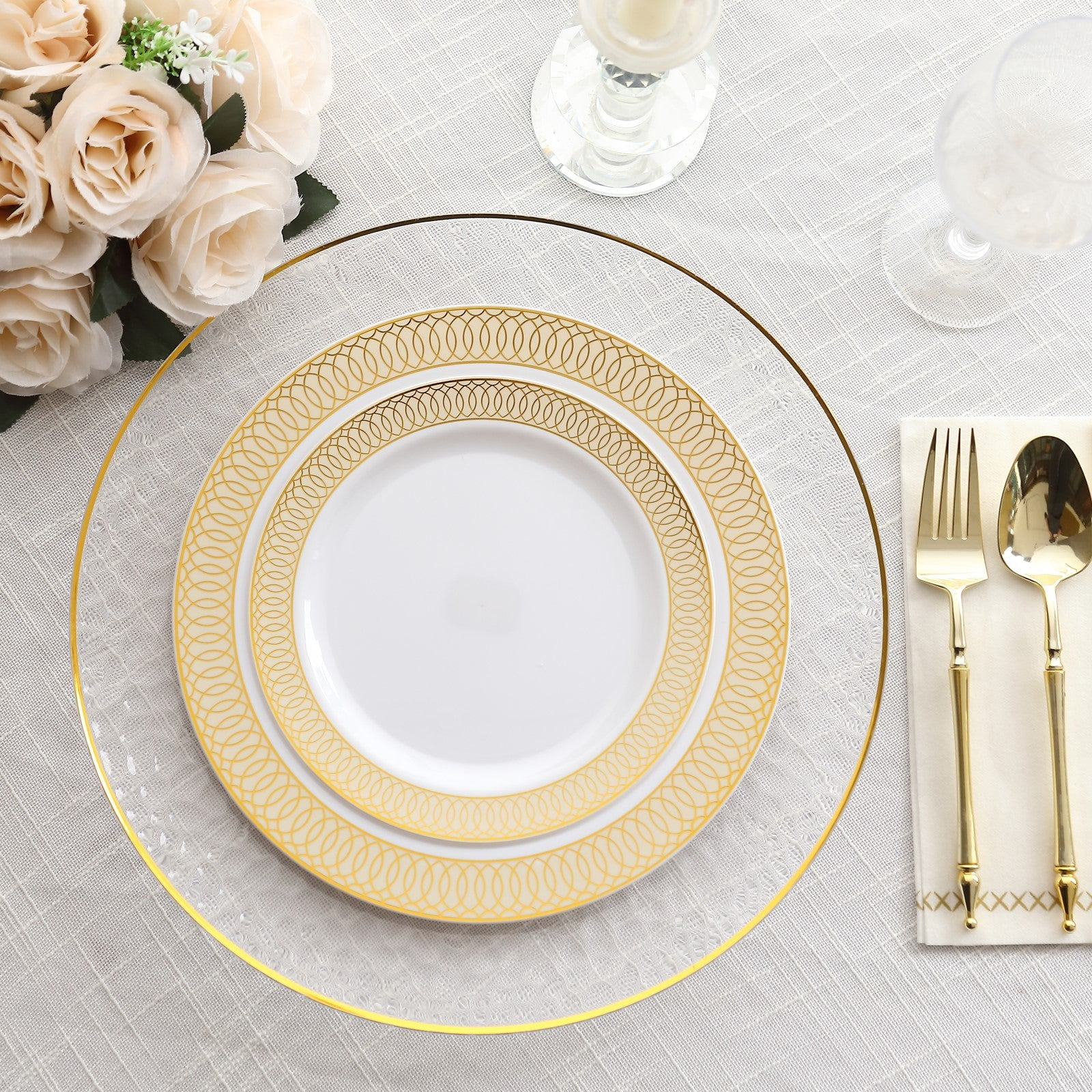 Efavormart 10 Pack - 8" White Plastic Salad Plates With Hunter Green Rim & Gold Vine Design