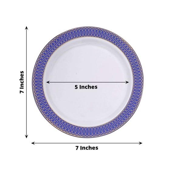 Efavormart 10 Pack White Plastic Dessert Appetizer Plates With Navy Blue Gold Spiral Rim, 7" Round Disposable Salad Plates