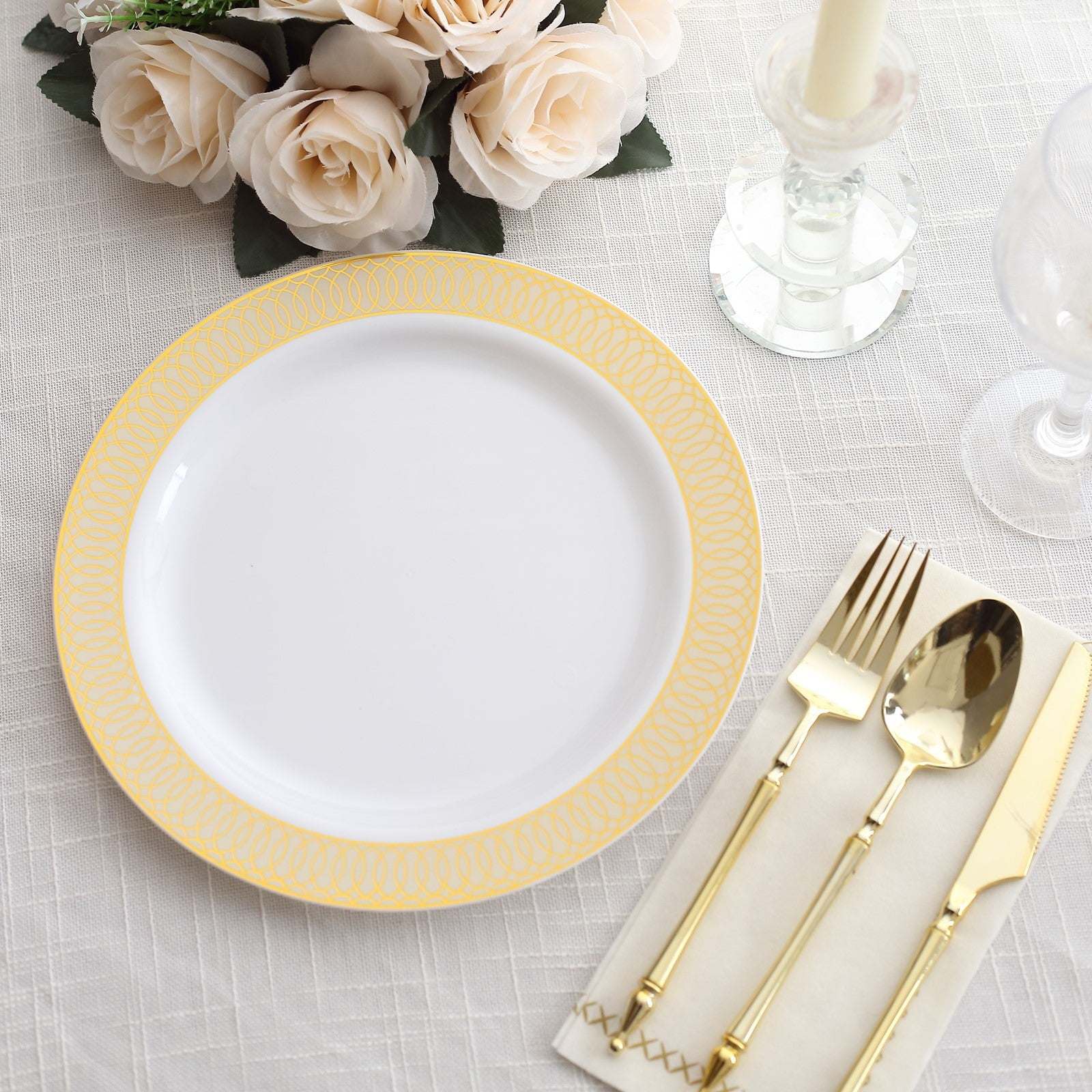 Efavormart 10 Pack White Plastic Dinner Plates With Beige Gold Spiral Rim, 10" Round Disposable ...