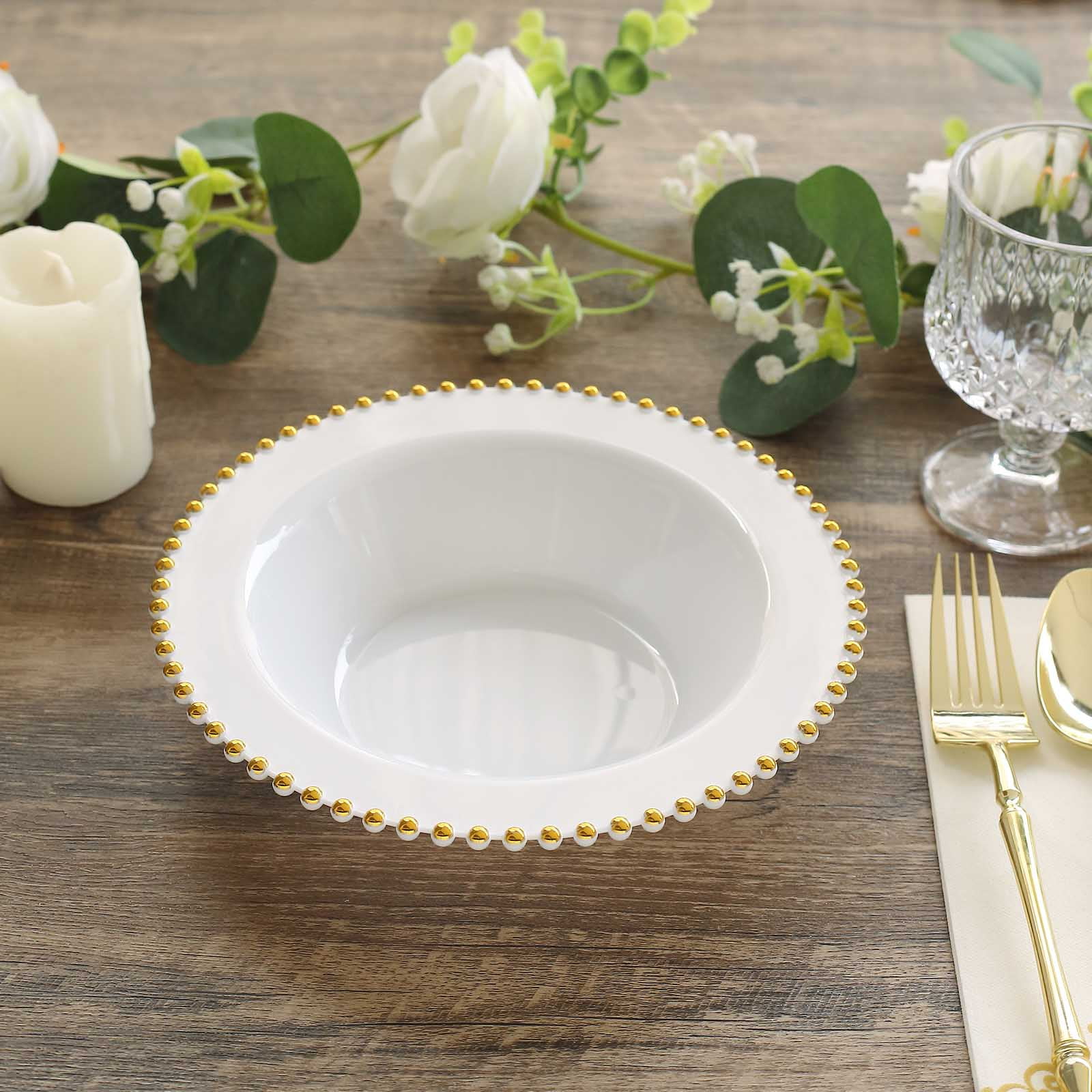 Efavormart 10 Pack White Plastic Soup Bowls with Gold Beaded Rim, Round ...