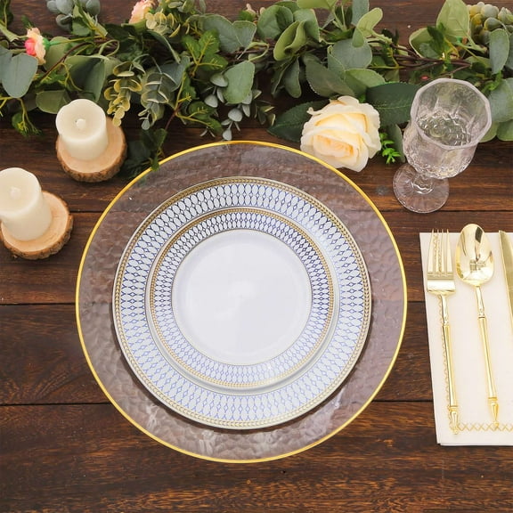 Efavormart 10 Pack White Renaissance Plastic Dinner Plates With Gold Navy Blue Chord Rim, Disposable Party Plates - 7"