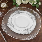 Efavormart 10 Pack | White/Silver Baroque 8 Round Plastic Dessert Salad Plates, Disposable Tableware with Leaf Embossed Gold Rim