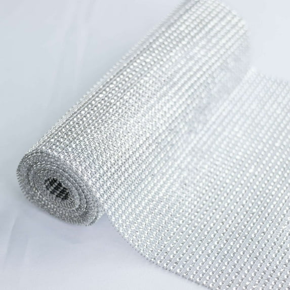 Efavormart 10"x108" Shiny Silver Crystal Rhinestone DIY Table Runner, Diamond Mesh Ribbon Bling Roll
