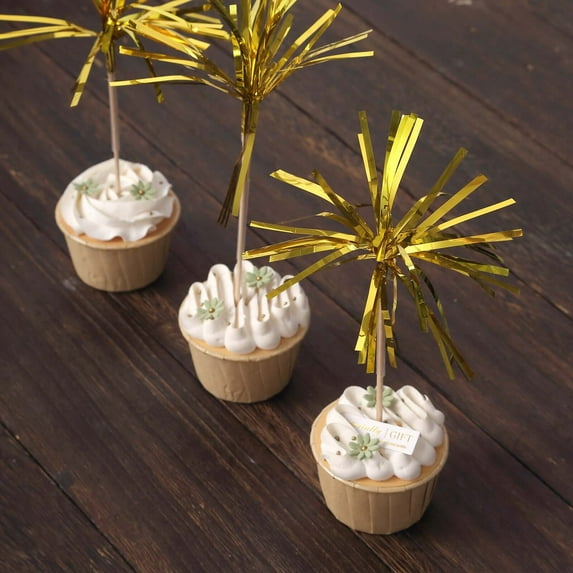Efavormart 100 Pack Gold Firework Cupcake Toppers, 9" Food Picks, Festive Foil Frills Bamboo Cocktail Sticks