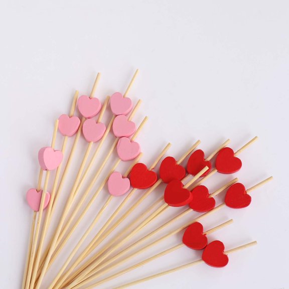 Efavormart 100 Pack Red Pink Biodegradable Bamboo Heart Skewers Cocktail Sticks, Eco Friendly Fruit Appetizer Party Picks - 5"