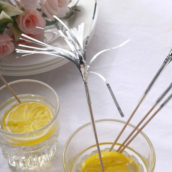 Efavormart 100 Pack Silver Firework Cupcake Toppers, 9" Food Picks, Festive Foil Frills Bamboo Cocktail Sticks