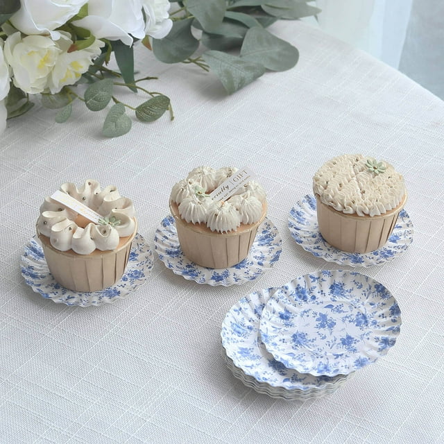 Efavormart 100 Pack White Blue French Toile Mini Paper Plates with Scalloped Rim, Disposable ...