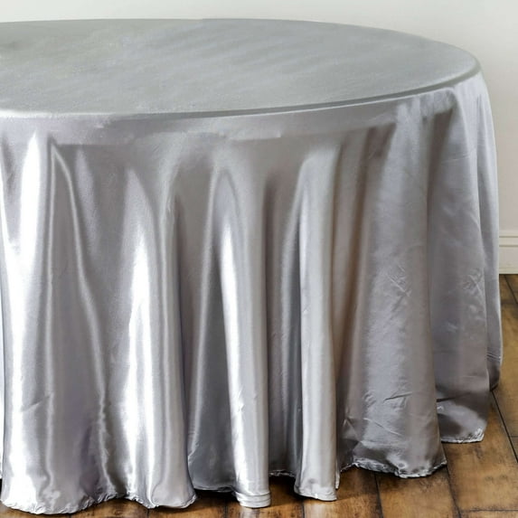 Efavormart 108 Inch Satin Round Tablecloth, Washable Linen Table Cover, Decorative Silky Fabric for Wedding, Party, Banquet Events - Silver