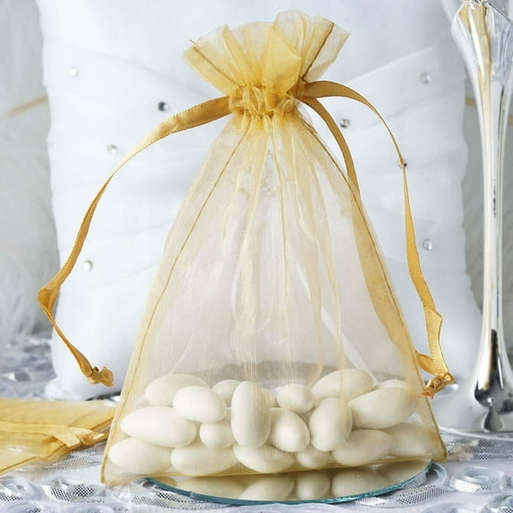 Efavormart 10PCS GOLD Organza Gift Bag Drawstring Pouch Wedding Favors Bridal Shower Treat Jewelry Bags - 5"x7"